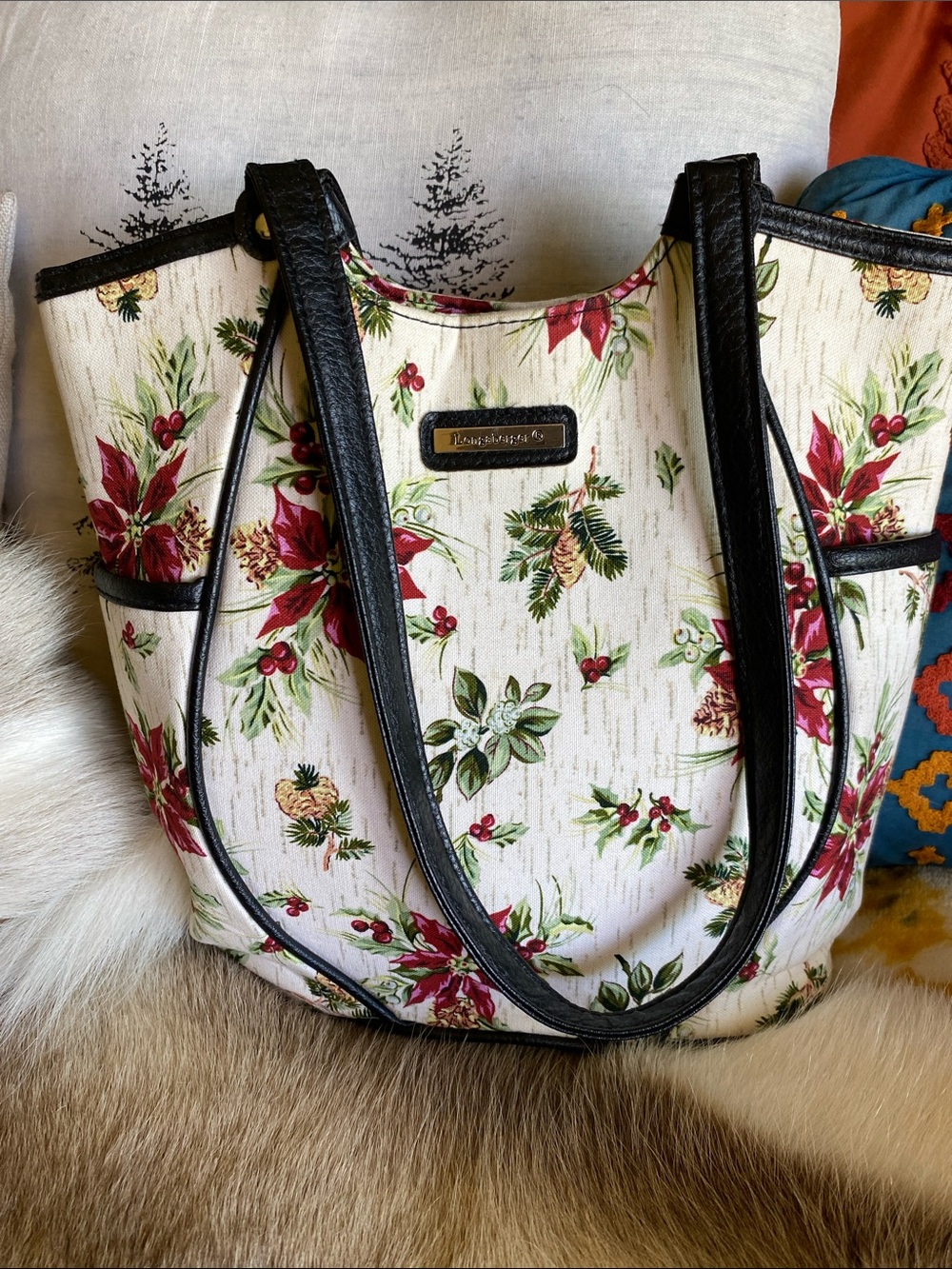 Longaberger Floral Canvas Tote with Black Trim - Women's Handbag